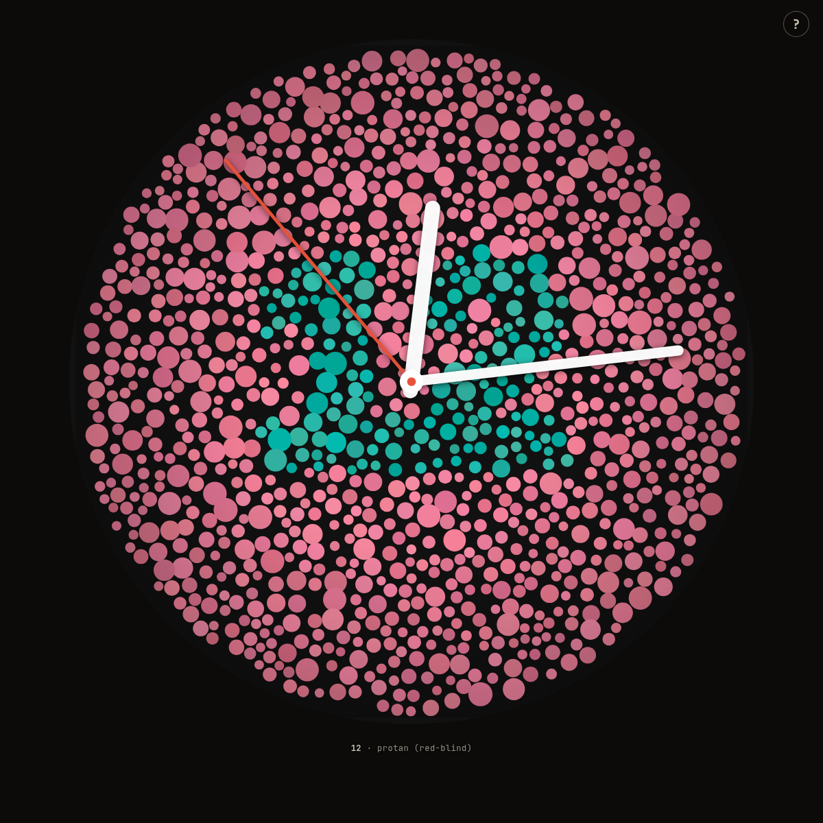 A color-plate clock — the hour hidden in colored dots