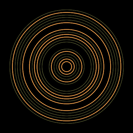 Bitwheel Bloom on a round Garmin display. Eighteen concentric rings hold local time in binary.