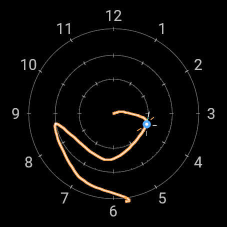 Arc Weld on a round Garmin display. A bright wire connects the hour and minute, with a blue welding contact tracking seconds.