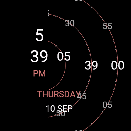 Carousel on a round Garmin display. Oversized rotating scales sweep beside a stacked hour and minute console, weekday and date.