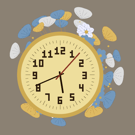 Ginkgo Garland on a round Garmin display. A large clock sits inside a wreath of fan-shaped ginkgo leaves, flowers and golden berries.
