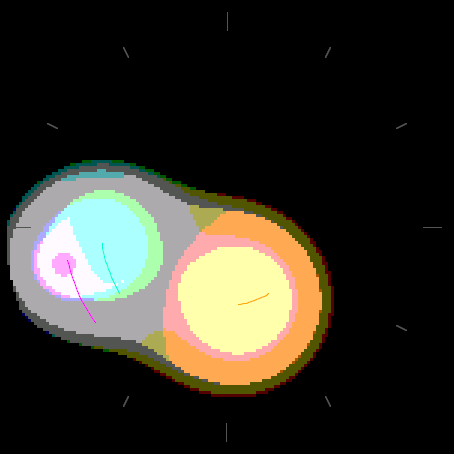 Gooey on a round Garmin display. Three blobs tell the time by where they sit: amber for hours, teal for minutes, pink for seconds.