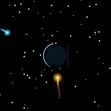 Meteor Ember on a round Garmin display. Two glowing meteors move toward a rotating Earth.