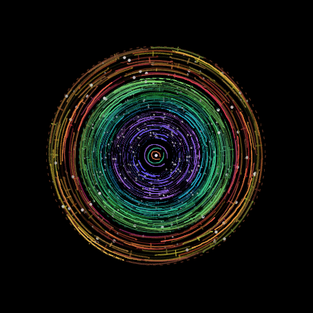 Orbits Arrival on a round Garmin display. Time accumulates as rings of broken, colorful ink.