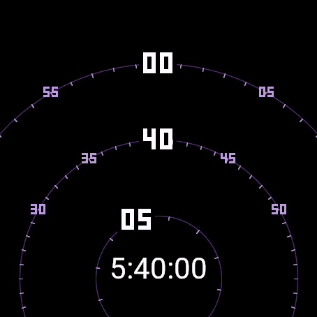 Radial Count on a round Garmin display. Three oversized violet number arcs carry seconds, minutes and hours.