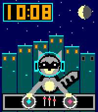 Rooftop Raccoon: a raccoon DJ beneath an uneven skyline, a full HH:MM clock and a phase-driven moon on a color Pebble.